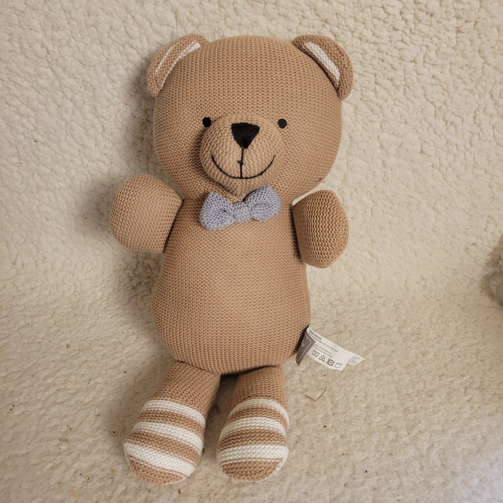 Brady Bear Tan Knit Teddy Bear Plush Rattle with Blue Bow Tie and Striped Socks